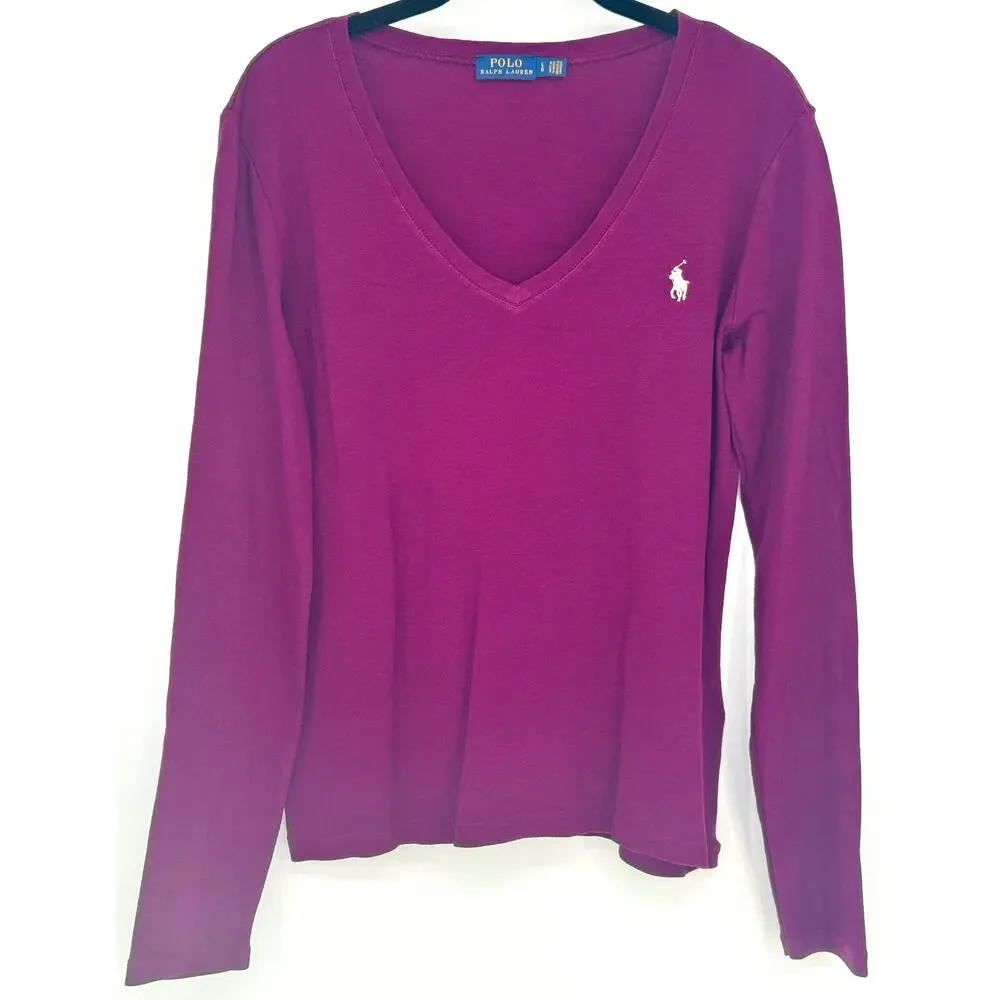 POLO Ralph Lauren Plumb Burgundy V Neck Long Sleeve Top Cotton Classic Preppy L - Picture 2 of 6